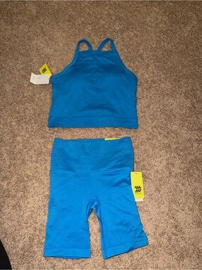 Bright Blue Active Crop Tank & High-Waist Bike Shorts Set